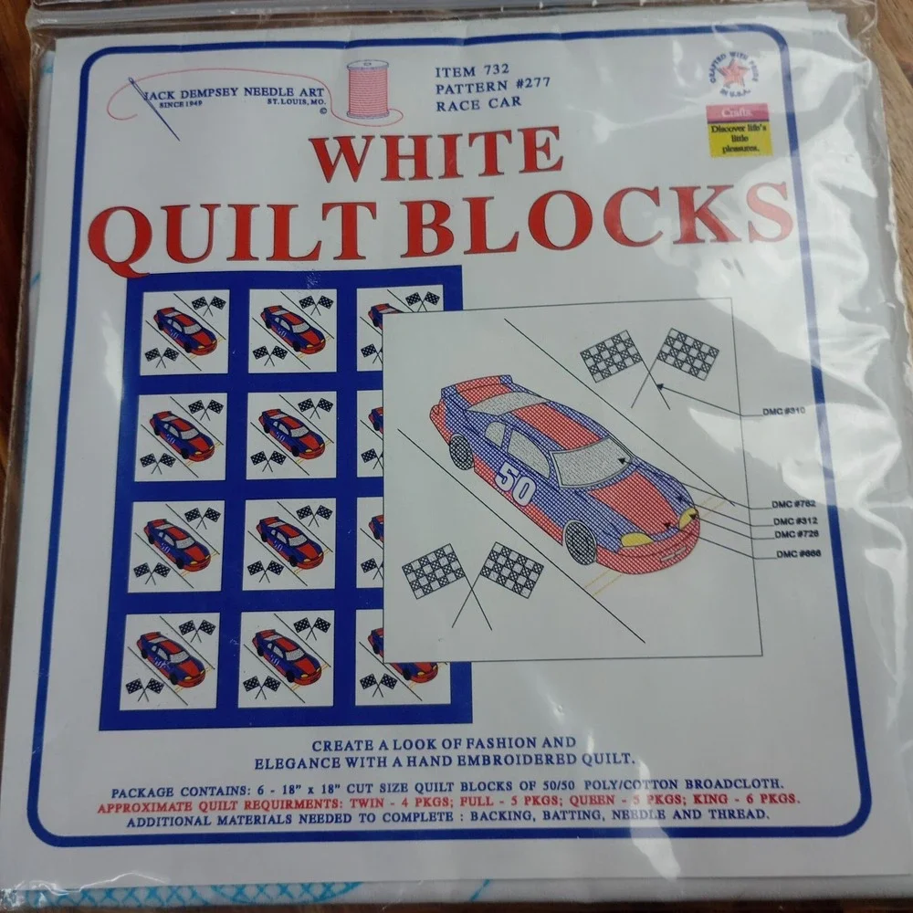 Jack Dempsey Needle Art Item 732 Race Car #277 Nursery‎ Quilt Blocks with Thread